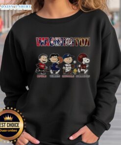 Awesome Peanuts sweatshirt featuring Washington Capitals, Wizards, Nationals, and Commanders logos for sports fans.