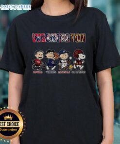 Alt Text: Awesome Peanuts Washington Capitals Wizards Nationals Commanders Ladies Tee with team logos and vibrant colors.