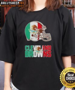Alt Text: Cleveland Browns football ladies tee featuring a vibrant Mexican flag logo, perfect for fans and stylish wear.