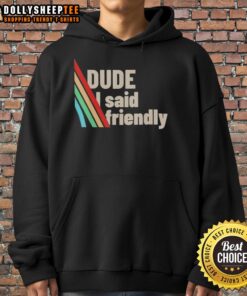 Funny dude wearing a Friendly ARC Raiders hoodie, showcasing a playful design perfect for fans and casual wear.