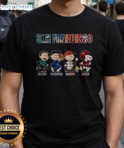 Awesome The Peanuts San Francisco Sharks Warriors Giants and 49ers T-Shirt featuring iconic cartoon characters in team colors.