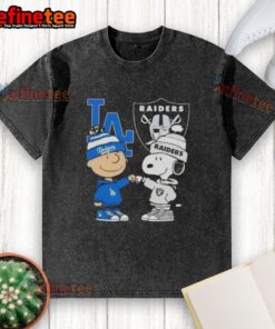 Awesome Charlie Brown fist bump with Snoopy on a Los Angeles Dodgers & Raiders washed t-shirt design.