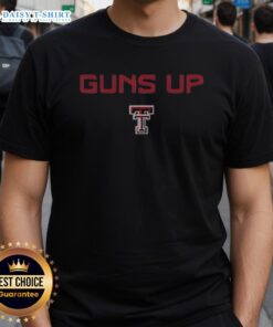 Alt Text: Awesome Texas Tech Red Raiders Football logo on a 'Guns Up' rally call T-shirt, perfect for fans and game day.