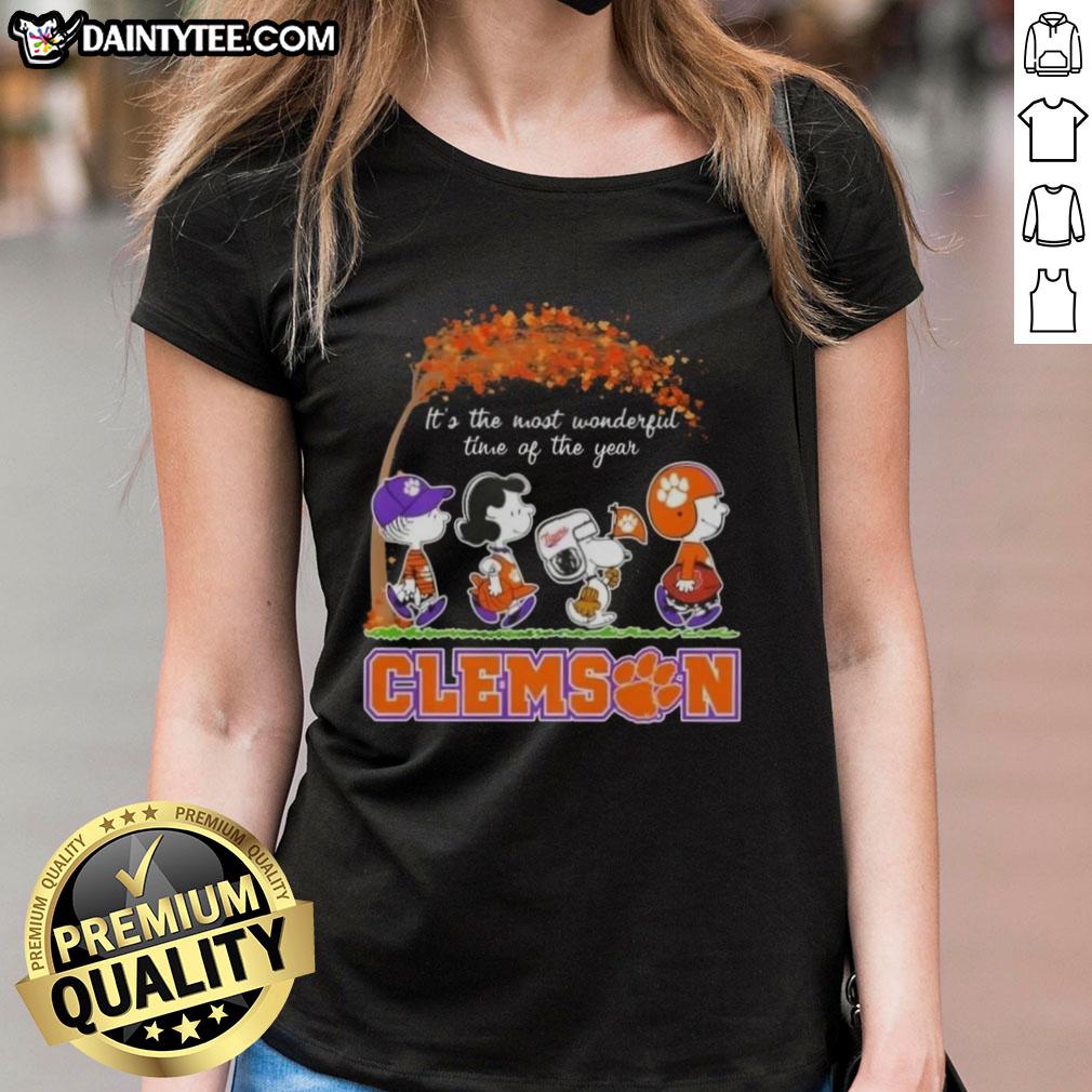 Premium Clemson Tigers X Peanuts Snoopy And Friends Autumn It's The Most Wonderful Time Of The Year Ladies-Tee