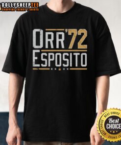 Funny Orr Esposito '72 T-Shirt featuring a humorous design celebrating hockey legends in vibrant colors.