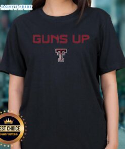 Alt Text: Awesome Texas Tech Red Raiders football logo with 'Guns Up' rally call on a ladies tee shirt design.