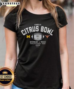 Alt Text: Ladies tee featuring the Awesome 2025 Cheez-It Citrus Bowl logo for Michigan Wolverines vs Texas Longhorns.