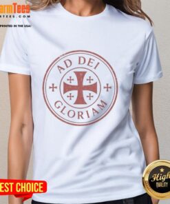 Awesome Ad Dei Gloriam logo on a stylish ladies tee, perfect for casual wear and expressing faith with fashion.