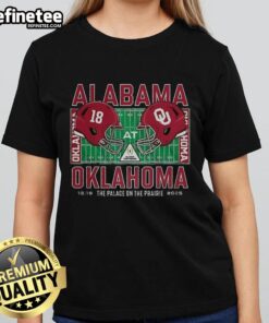 Alabama Crimson Tide vs Oklahoma Sooners NCAA CFP 2025 helmet on a ladies tee at Vaught-Hemingway Stadium.