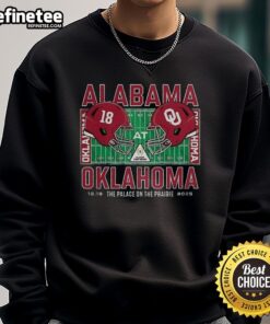 Alabama Crimson Tide vs Oklahoma Sooners NCAA CFP 2025 sweatshirt featuring team helmets at Vaught-Hemingway Stadium.