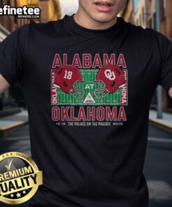 Alabama Crimson Tide vs Oklahoma Sooners NCAA CFP 2025 helmet T-shirt displayed at Vaught Hemingway Stadium.