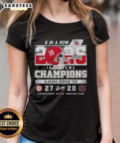 Awesome Alabama vs Auburn Iron Bowl Champions tee, celebrating 6 consecutive wins at Jordan-Hare Stadium for ladies.