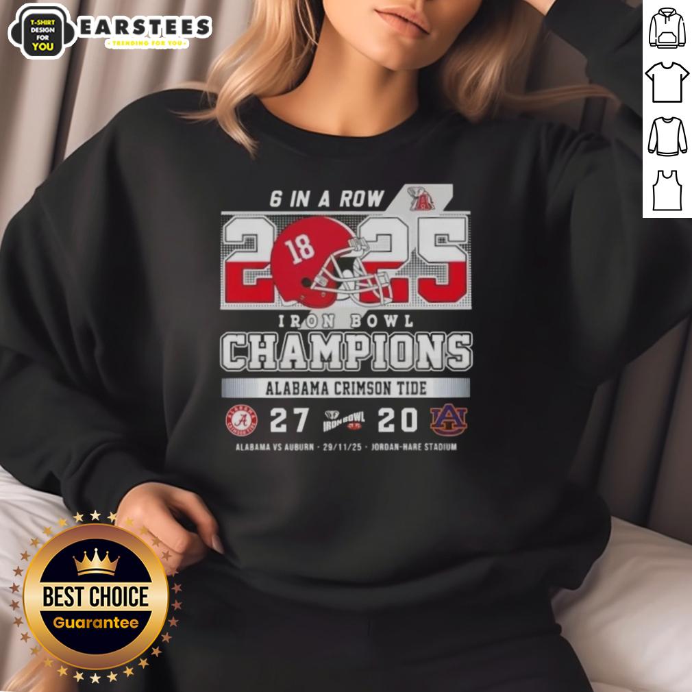 awesome-alabama-vs-auburn-6-in-a-row-iron-bowl-champions-jordan-hare-stadium-sweatshirt Alt Text: Awesome Alabama vs Auburn sweatshirt celebrating 6 in a row Iron Bowl champions at Jordan-Hare Stadium.