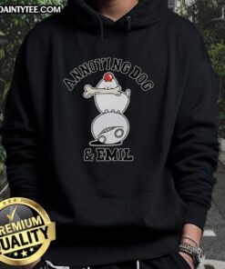 Adorable dog wearing an 'Awesome Annoying' hoodie with Emil, showcasing a playful moment between pet and owner.