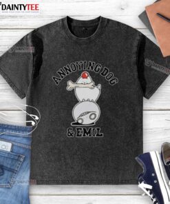 Awesome annoying dog playfully interacting with Emil while wearing a washed t-shirt, showcasing their fun friendship.