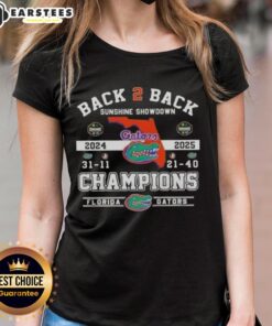 Florida Gators ladies tee celebrating back-to-back Sunshine Showdown champions, featuring vibrant team colors and logo.