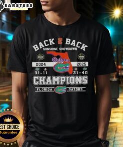 Florida Gators T-Shirt celebrating back-to-back Sunshine Showdown champions with vibrant team colors and logo.
