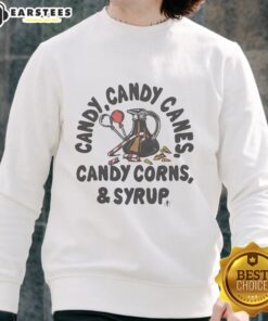 Alt Text: Awesome Candy Sweatshirt featuring candy canes, candy corns, and syrup design for festive holiday style.