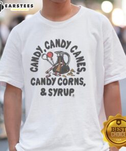 Awesome Candy T-Shirt featuring colorful candy canes, candy corns, and syrup design for sweet treat lovers.