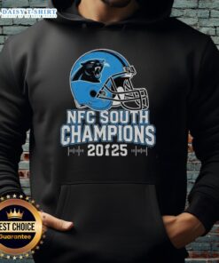 Awesome Carolina Panthers NFC South 2025 Champions hoodie featuring team colors and logo for fans and collectors.