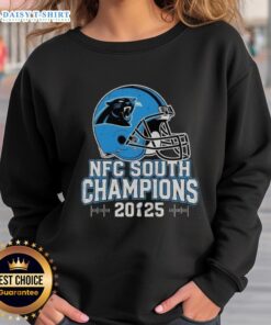 Alt Text: Awesome Carolina Panthers NFC South 2025 Champions helmet sweatshirt featuring team colors and logo design.