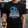 Awesome Carolina Panthers NFC South 2025 Champions Helmet T-Shirt featuring team colors and logo design.