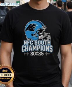 Awesome Carolina Panthers NFC South 2025 Champions Helmet T-Shirt featuring team colors and logo design.