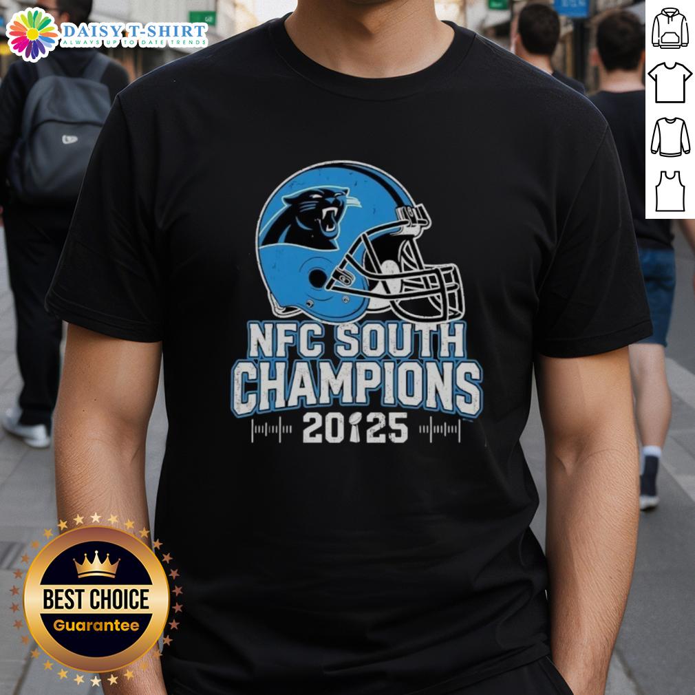 Awesome Carolina Panthers Nfc South 2025 Champions Helmet T Shirt Awesome Carolina Panthers NFC South 2025 Champions Helmet T-Shirt featuring team colors and logo design.