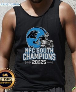 Awesome Carolina Panthers NFC South 2025 Champions helmet tank top showcasing team pride and style for fans.