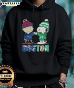 Awesome Charlie Brown and Snoopy hoodie featuring New England Patriots and Boston Celtics sports themes.