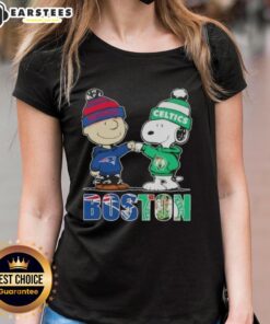 Awesome Charlie Brown and Snoopy graphic on New England Patriots x Boston Celtics ladies tee shirt