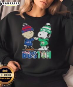 Awesome Charlie Brown and Snoopy Boston City Sports sweatshirt featuring New England Patriots and Boston Celtics logos.