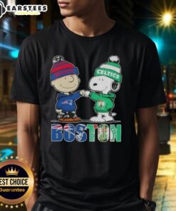 Alt Text: Awesome Charlie Brown and Snoopy Boston City Sports t-shirt featuring New England Patriots and Boston Celtics logos.