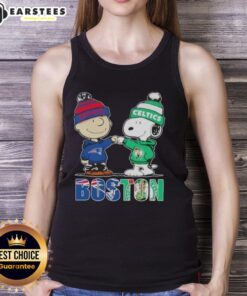 Alt Text: Awesome Charlie Brown and Snoopy tank top featuring New England Patriots and Boston Celtics graphics.