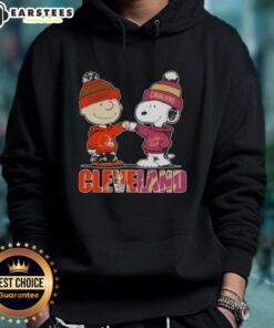 Awesome Charlie Brown and Snoopy hoodie featuring Cleveland City Sports logos for Browns and Cavaliers fans.