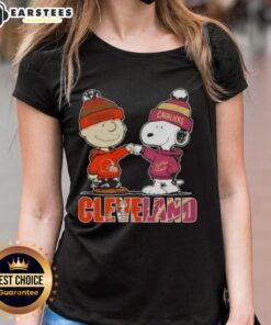 Awesome Charlie Brown and Snoopy Cleveland City Sports tee for ladies featuring Browns and Cavaliers designs.