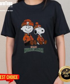 Alt Text: Awesome Charlie Brown and Snoopy Miami Hurricanes ladies tee featuring vibrant graphics and a stylish fit for fans.