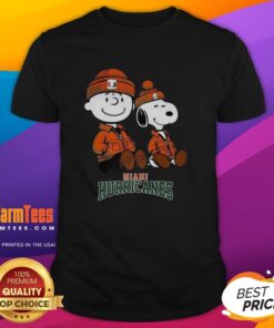 Alt Text: Awesome Charlie Brown and Snoopy Miami Hurricanes T-shirt featuring vibrant graphics for fans and collectors.