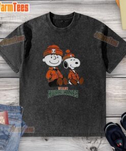 Alt Text: Awesome Charlie Brown and Snoopy Miami Hurricanes washed t-shirt featuring vibrant graphics and a comfortable fit.