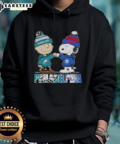 Awesome Charlie Brown and Snoopy Philadelphia City Sports hoodie featuring Eagles and 76ers logos, perfect for fans.