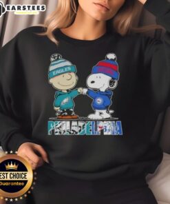Awesome Charlie Brown and Snoopy Philadelphia City Sports Eagles X 76ers sweatshirt featuring vibrant graphics and cozy design.