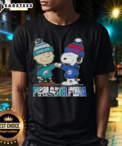 Awesome Charlie Brown and Snoopy Philadelphia City Sports Eagles x 76ers T-Shirt featuring vibrant graphics and team logos.