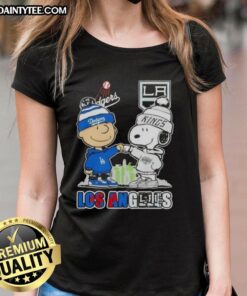 Alt Text: Awesome Charlie Brown fist bump with Snoopy, showcasing Los Angeles sports pride for Dodgers and Kings on a ladies tee.