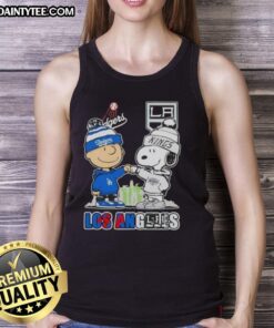 Awesome Charlie Brown fist bump with Snoopy, showcasing Los Angeles city sports vibe in Dodgers x Kings tank top.