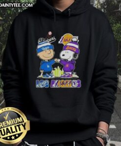 Awesome Charlie Brown fist bump with Snoopy against Los Angeles skyline, featuring Dodgers and Lakers hoodie design.