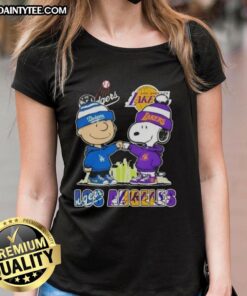 Awesome Charlie Brown fist bump with Snoopy over Los Angeles skyline, featuring Dodgers and Lakers, perfect for ladies' tee.