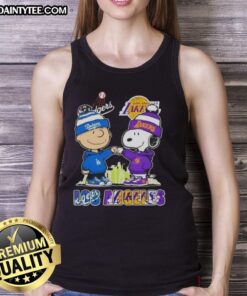 Alt Text: Awesome Charlie Brown and Snoopy fist bump in Los Angeles skyline tank top, celebrating Dodgers and Lakers sports.