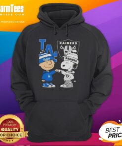Awesome Charlie Brown fist bump with Snoopy in Los Angeles sports hoodie for Dodgers and Raiders fans.