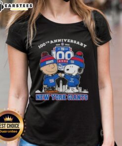 Awesome Charlie Brown x Snoopy 100th Anniversary Ladies Tee featuring New York Giants Football design, 1925-2025.