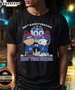 Awesome Charlie Brown X Snoopy 100th Anniversary T-Shirt celebrating 1925-2025 with New York Giants football theme.
